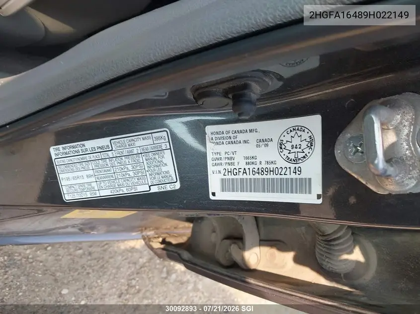 2009 Honda Civic Dx-G VIN: 2HGFA16489H022149 Lot: 30092893