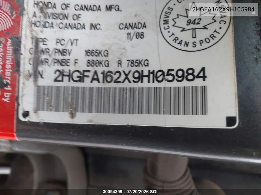 2009 Honda Civic Dx VIN: 2HGFA162X9H105984 Lot: 30094399