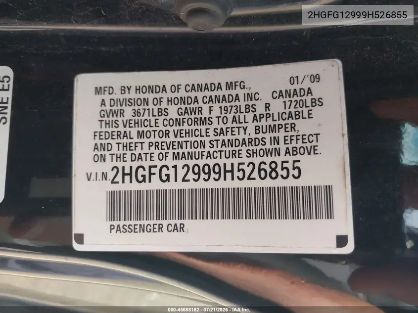 2009 Honda Civic Ex-L VIN: 2HGFG12999H526855 Lot: 45688182