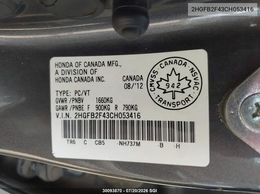 2012 Honda Civic Lx VIN: 2HGFB2F43CH053416 Lot: 30093870