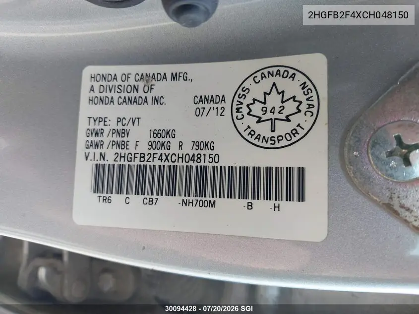 2012 Honda Civic Lx VIN: 2HGFB2F4XCH048150 Lot: 30094428