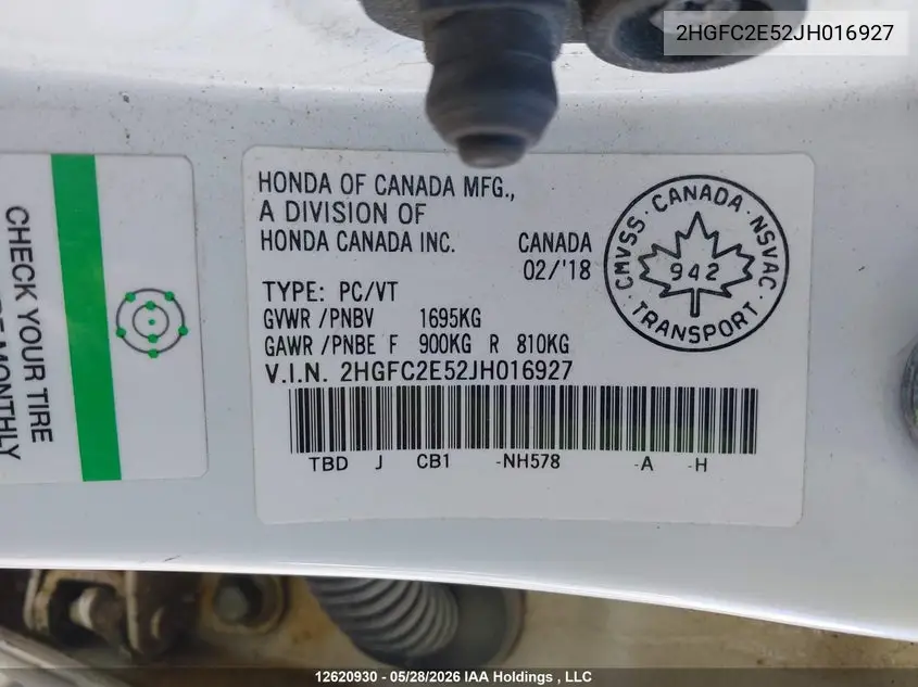 2018 Honda Civic Lx VIN: 2HGFC2E52JH016927 Lot: 12620930