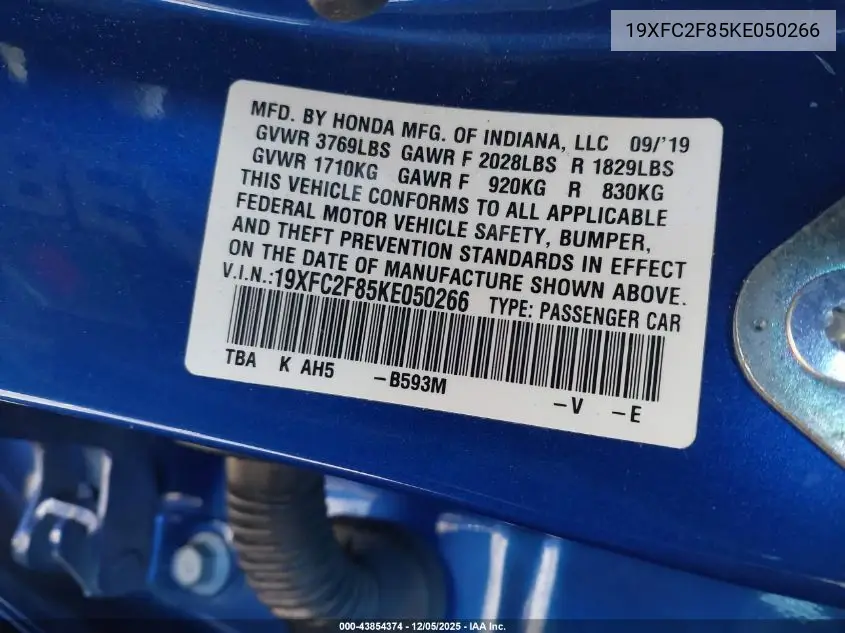 19XFC2F85KE050266 2019 Honda Civic Sport