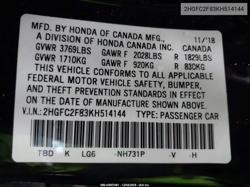 2HGFC2F83KH514144 2019 Honda Civic Sport