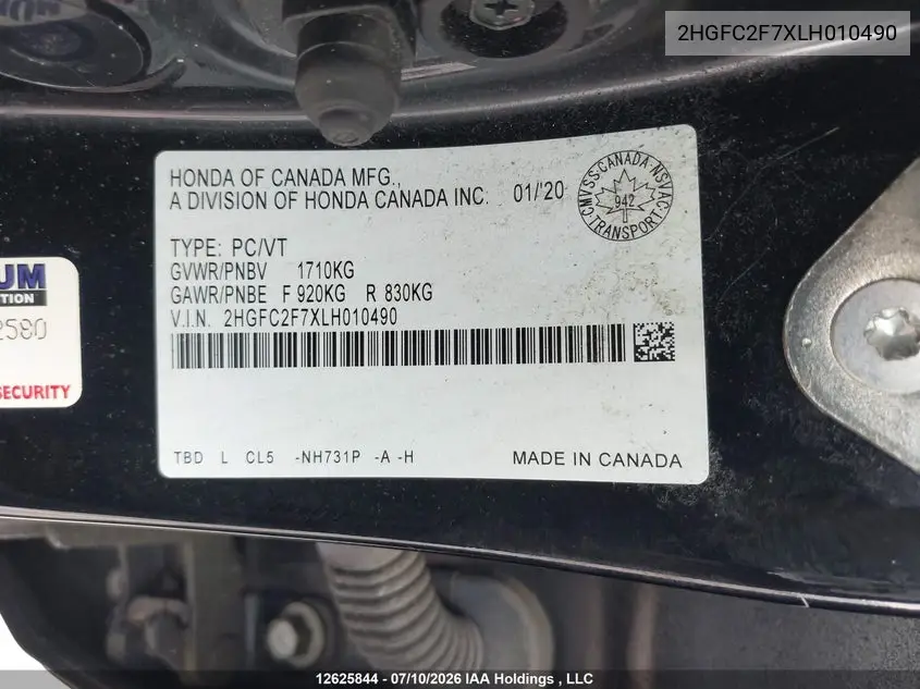 2020 Honda Civic VIN: 2HGFC2F7XLH010490 Lot: 12625844