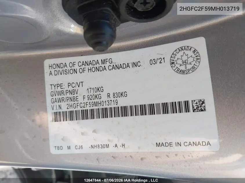 2021 Honda Civic Lx VIN: 2HGFC2F59MH013719 Lot: 12647844