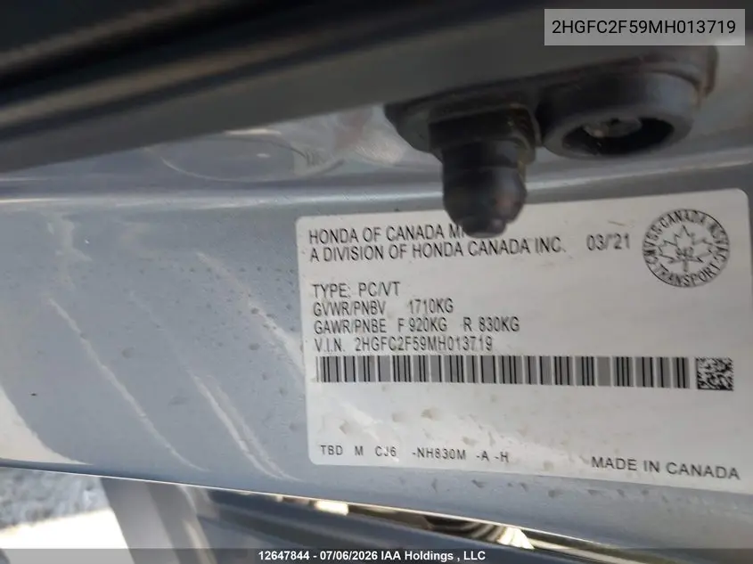 2021 Honda Civic Lx VIN: 2HGFC2F59MH013719 Lot: 12647844