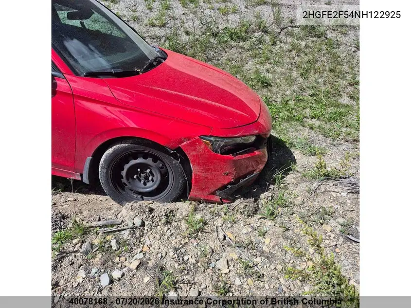2022 Honda Civic VIN: 2HGFE2F54NH122925 Lot: 40078168
