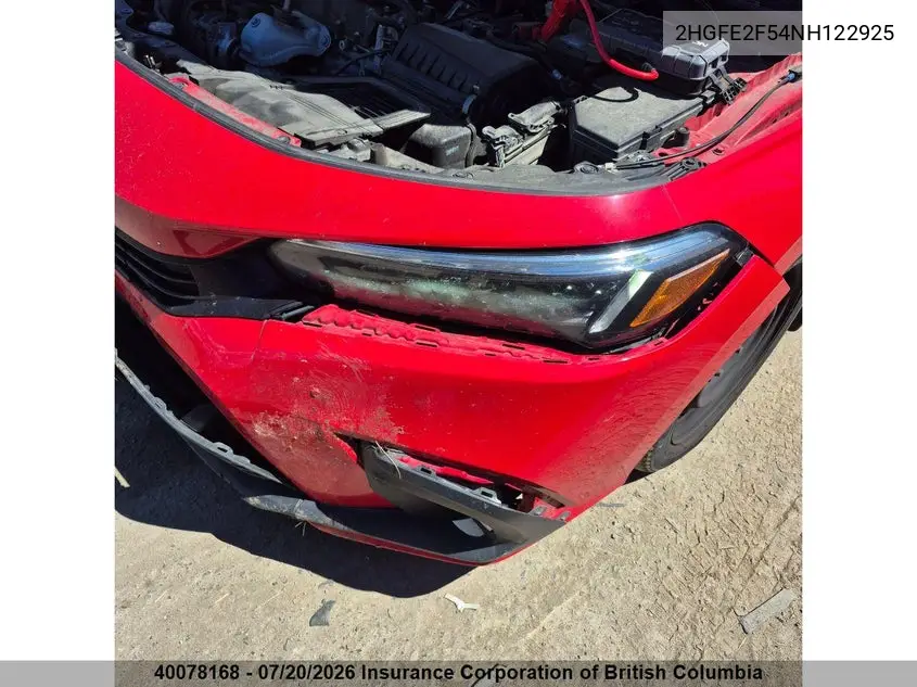 2022 Honda Civic VIN: 2HGFE2F54NH122925 Lot: 40078168