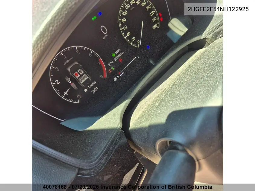2022 Honda Civic VIN: 2HGFE2F54NH122925 Lot: 40078168