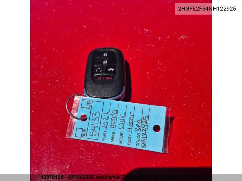2022 Honda Civic VIN: 2HGFE2F54NH122925 Lot: 40078168