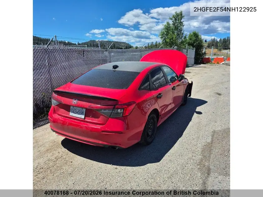 2022 Honda Civic VIN: 2HGFE2F54NH122925 Lot: 40078168