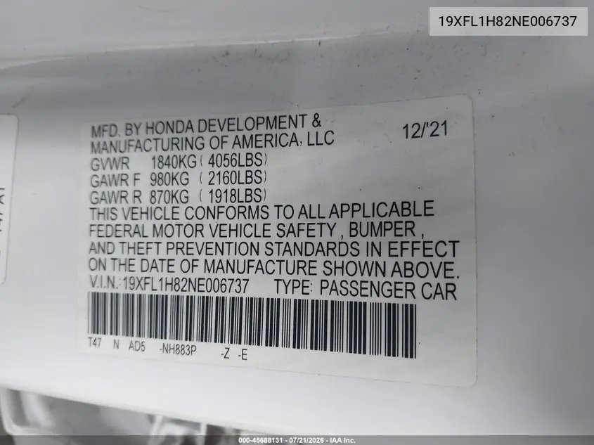 2022 Honda Civic Sport Touring VIN: 19XFL1H82NE006737 Lot: 45688131