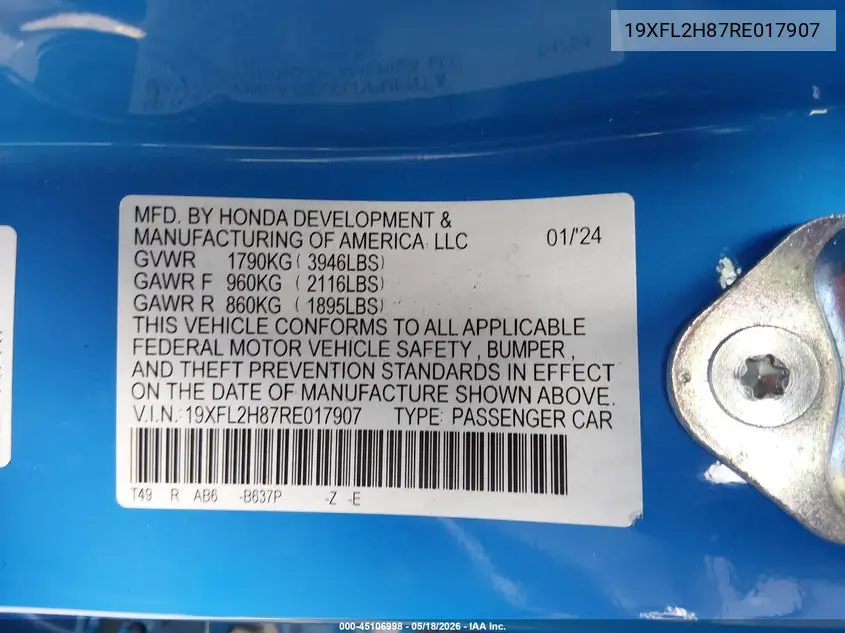 19XFL2H87RE017907 2024 Honda Civic Sport