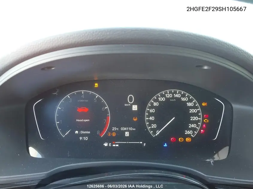 2025 Honda Civic Lx VIN: 2HGFE2F29SH105667 Lot: 12625686