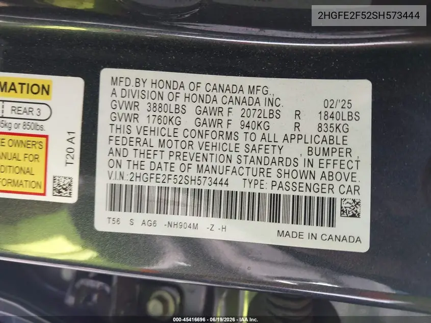 2HGFE2F52SH573444 2025 Honda Civic Sport