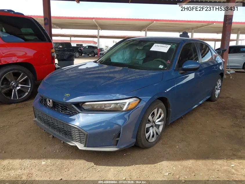 2026 Honda Civic Lx VIN: 2HGFE2F23TH533431 Lot: 45690664