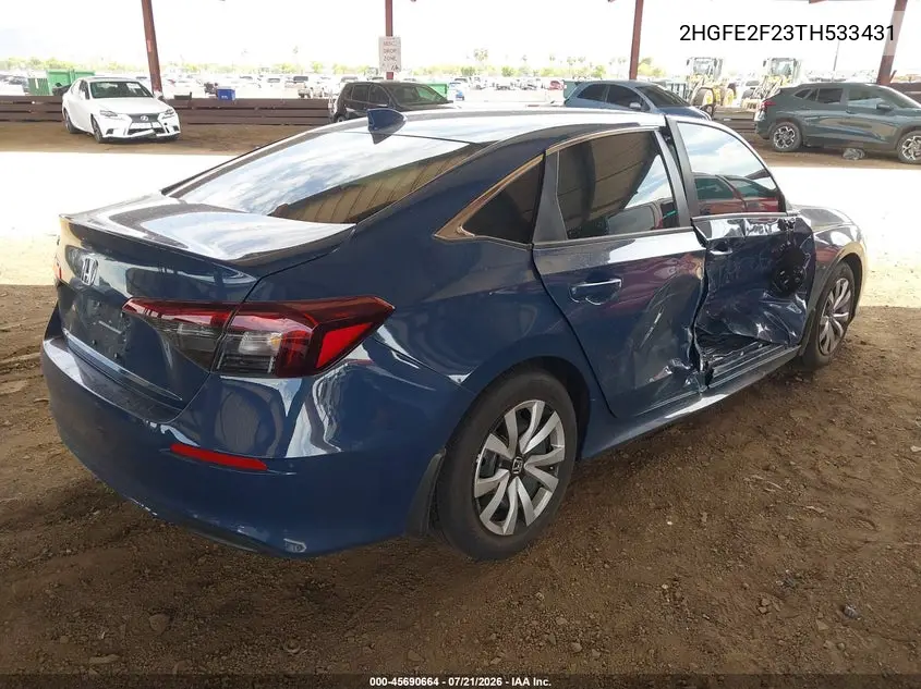 2026 Honda Civic Lx VIN: 2HGFE2F23TH533431 Lot: 45690664
