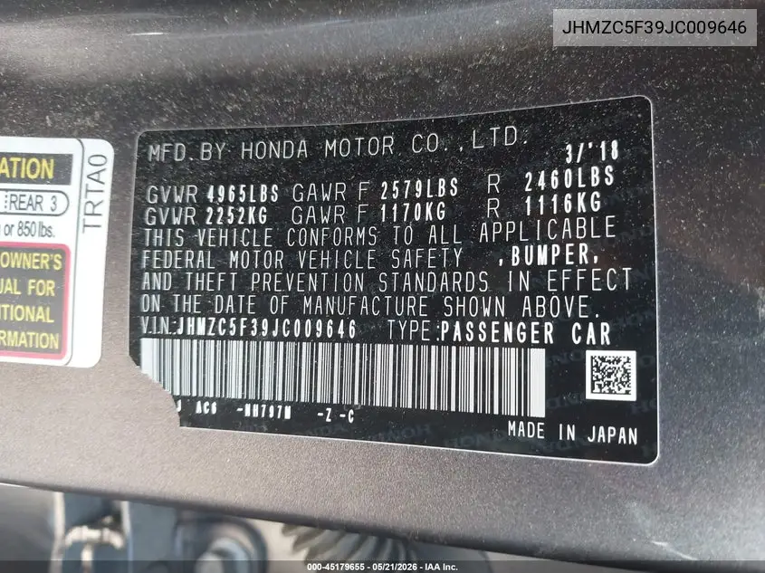 2018 Honda Clarity Plug-In Hybrid Touring VIN: JHMZC5F39JC009646 Lot: 45179655