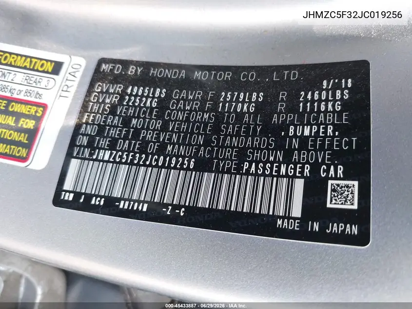 2018 Honda Clarity Plug-In Hybrid Touring VIN: JHMZC5F32JC019256 Lot: 45433887