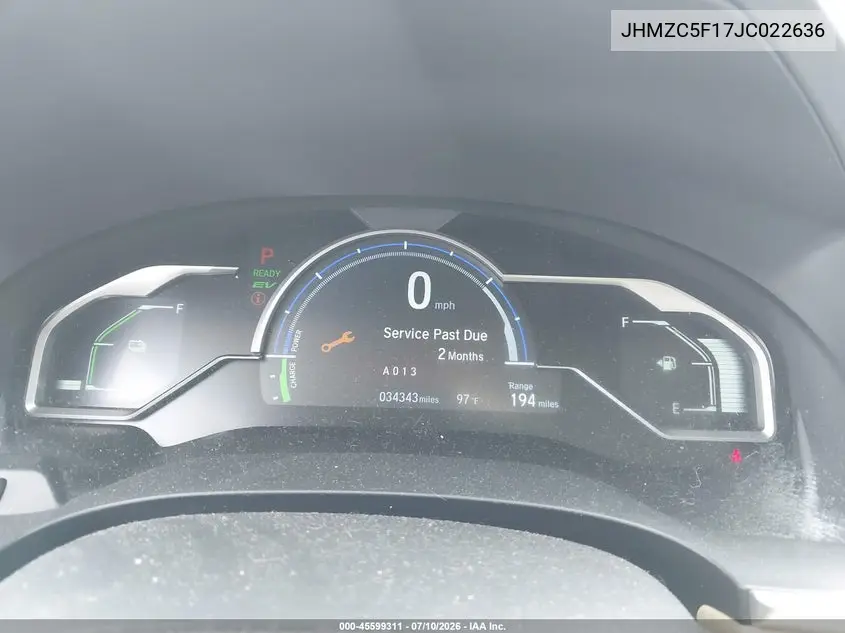 2018 Honda Clarity Plug-In Hybrid VIN: JHMZC5F17JC022636 Lot: 45599311