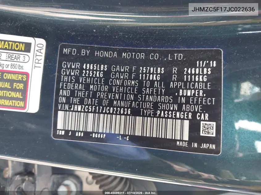 2018 Honda Clarity Plug-In Hybrid VIN: JHMZC5F17JC022636 Lot: 45599311