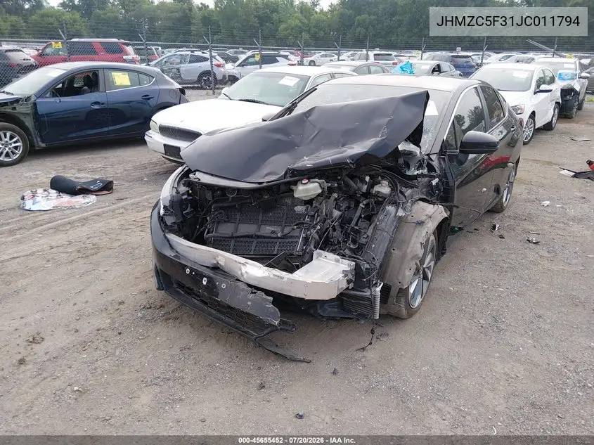 2018 Honda Clarity Plug-In Hybrid Touring VIN: JHMZC5F31JC011794 Lot: 45655452