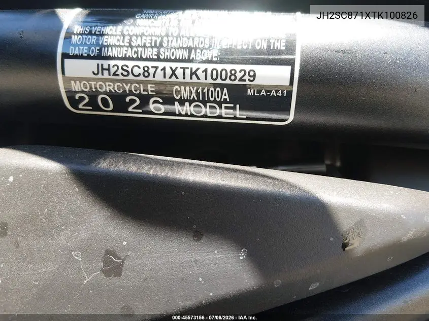 2026 Honda Cmx1100 A VIN: JH2SC871XTK100826 Lot: 45573156