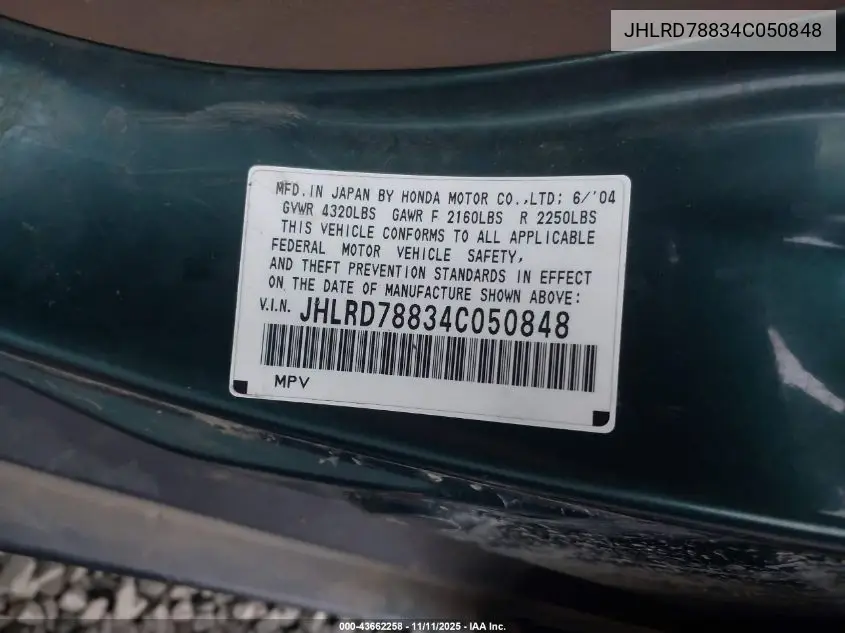 JHLRD78834C050848 2004 Honda Cr-V Ex