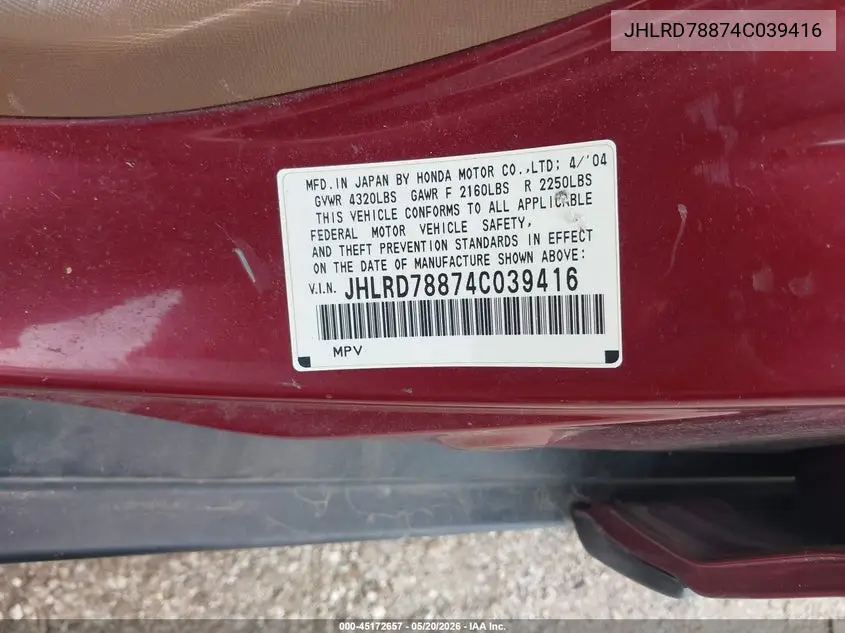 2004 Honda Cr-V Ex VIN: JHLRD78874C039416 Lot: 45172657