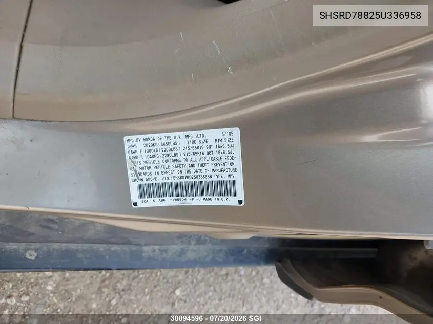 2005 Honda Cr-V Ex VIN: SHSRD78825U336958 Lot: 30094596