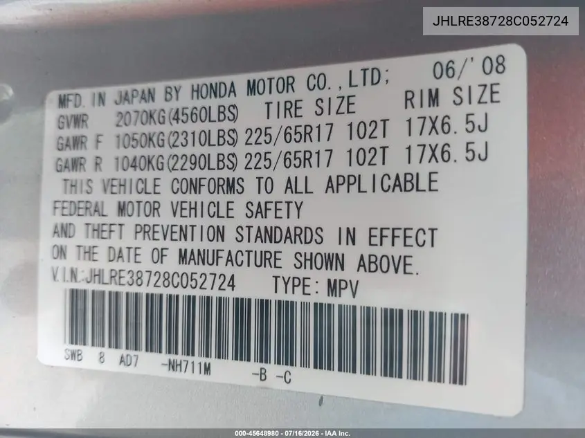 2008 Honda Cr-V Ex-L VIN: JHLRE38728C052724 Lot: 45648980