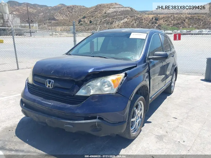 2008 Honda Cr-V Lx VIN: JHLRE383X8C039426 Lot: 45666025
