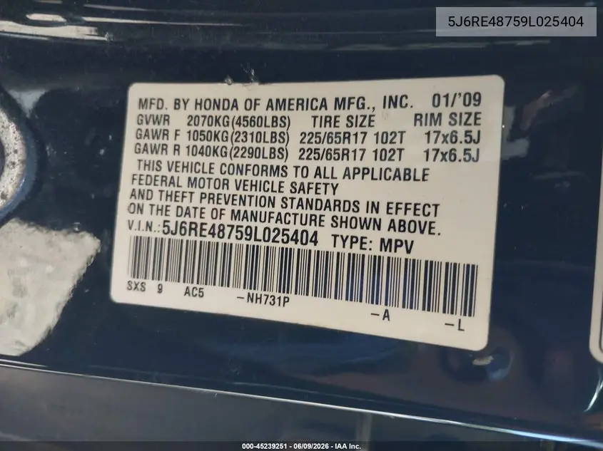 2009 Honda Cr-V Ex-L VIN: 5J6RE48759L025404 Lot: 45239251