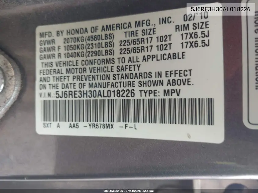 2010 Honda Cr-V Lx VIN: 5J6RE3H30AL018226 Lot: 45626196
