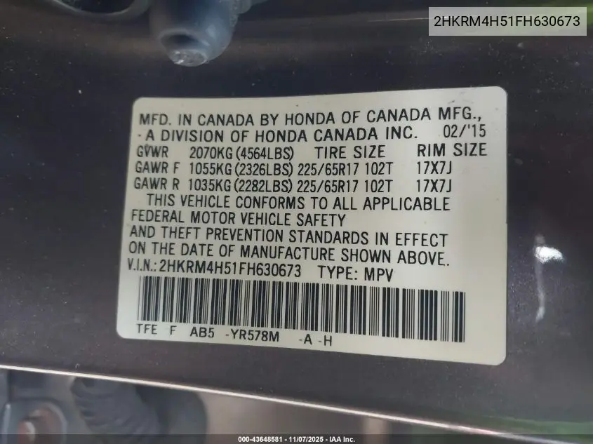 2HKRM4H51FH630673 2015 Honda Cr-V Ex