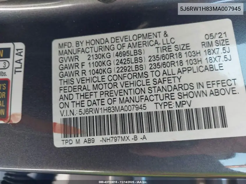5J6RW1H83MA007945 2021 Honda Cr-V 2Wd Ex-L