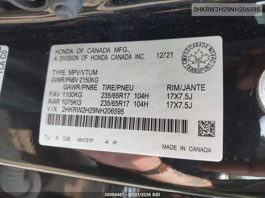 2022 Honda Cr-V Lx VIN: 2HKRW2H29NH206595 Lot: 30094487