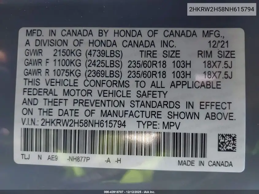 2HKRW2H58NH615794 2022 Honda Cr-V Awd Ex