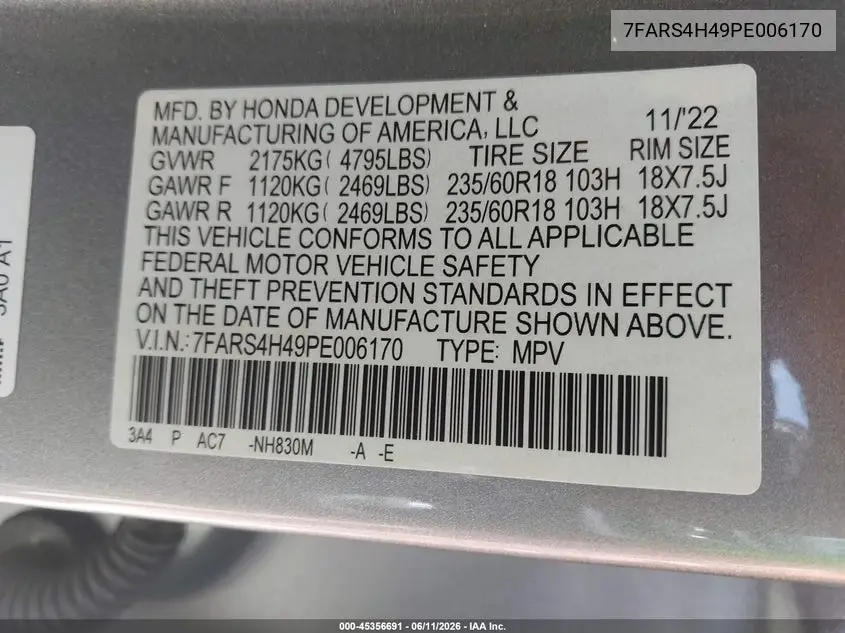 2023 Honda Cr-V Ex Awd VIN: 7FARS4H49PE006170 Lot: 45356691
