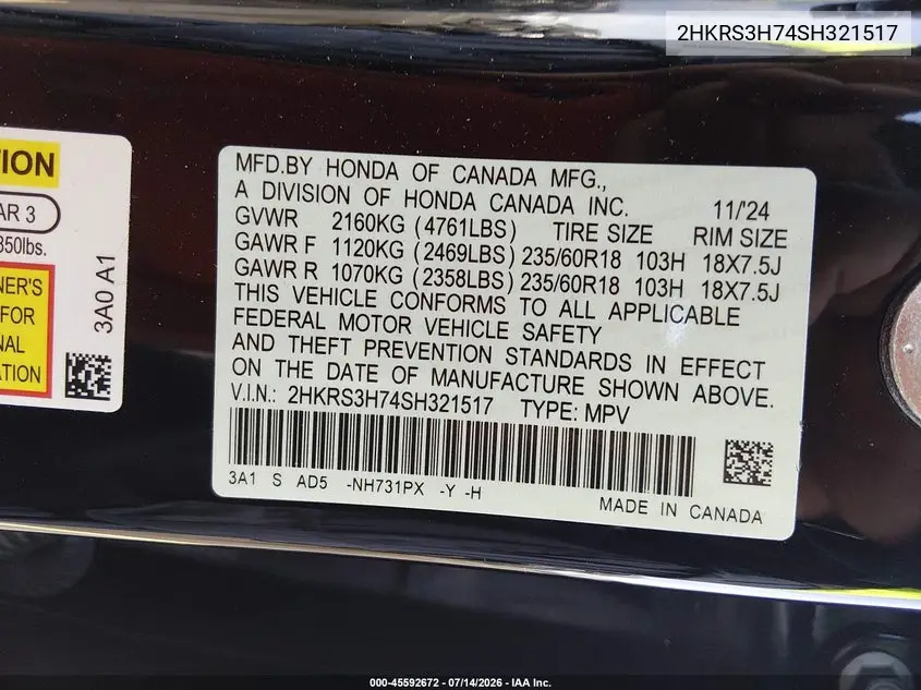 2025 Honda Cr-V Ex-L 2Wd VIN: 2HKRS3H74SH321517 Lot: 45592672