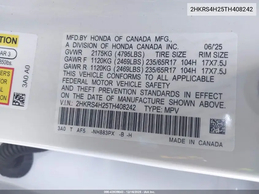 2HKRS4H25TH408242 2026 Honda Cr-V Lx Awd