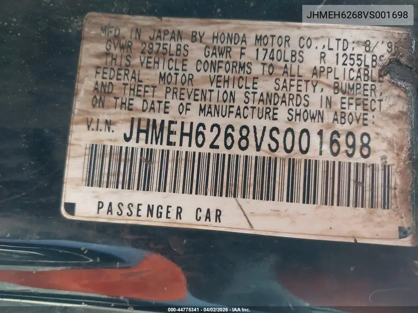1997 Honda Del Sol Si VIN: JHMEH6268VS001698 Lot: 44775341