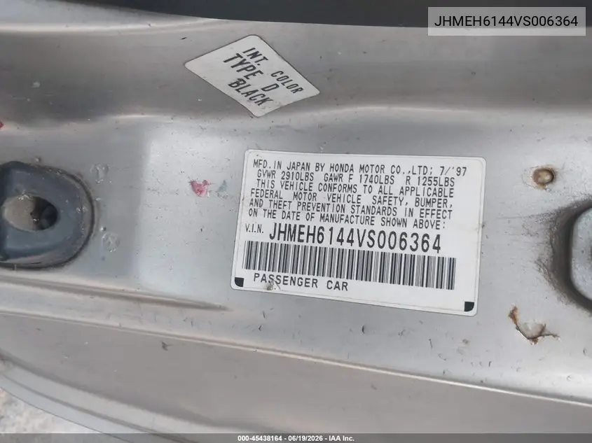1997 Honda Del Sol S VIN: JHMEH6144VS006364 Lot: 45438164