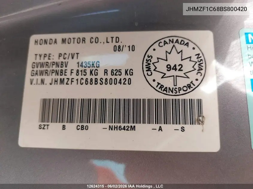 2011 Honda Cr-Z VIN: JHMZF1C68BS800420 Lot: 12624315