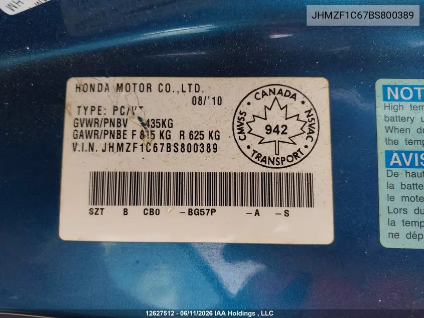 2011 Honda Cr-Z VIN: JHMZF1C67BS800389 Lot: 12627512