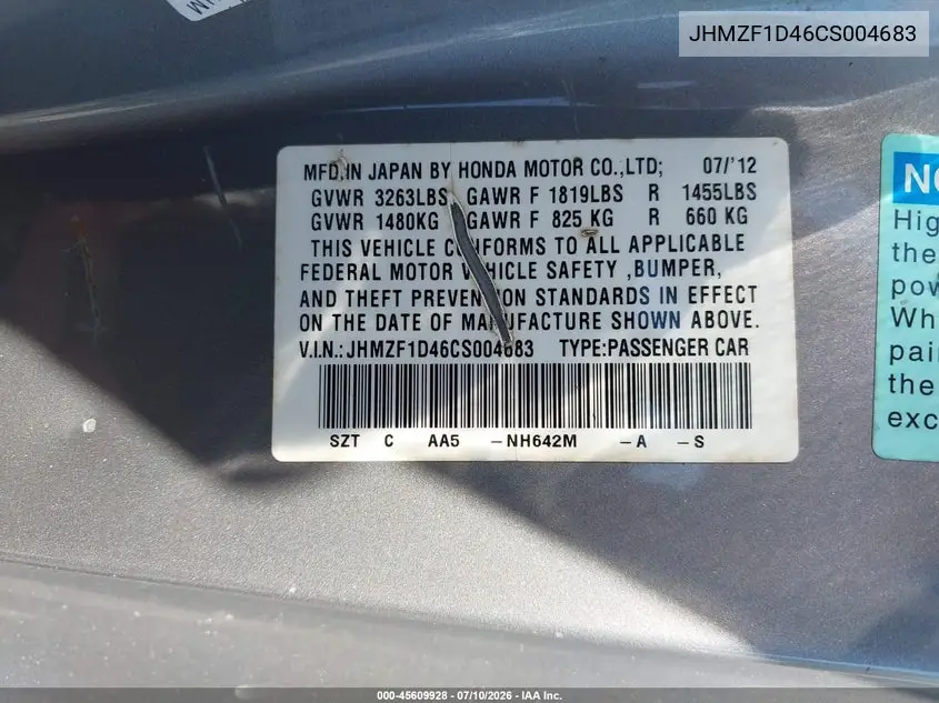 2012 Honda Cr-Z VIN: JHMZF1D46CS004683 Lot: 45609928