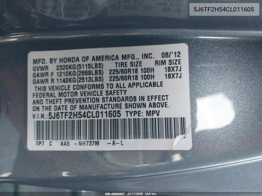 2012 Honda Crosstour Ex-L VIN: 5J6TF2H54CL011605 Lot: 45666697