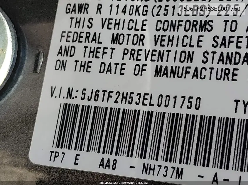 2014 Honda Crosstour Ex-L V6 VIN: 5J6TF2H53EL001750 Lot: 45343553