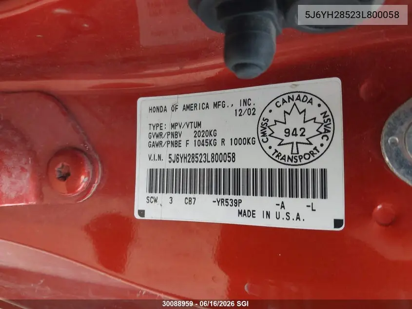 2003 Honda Element Ex VIN: 5J6YH28523L800058 Lot: 30088959